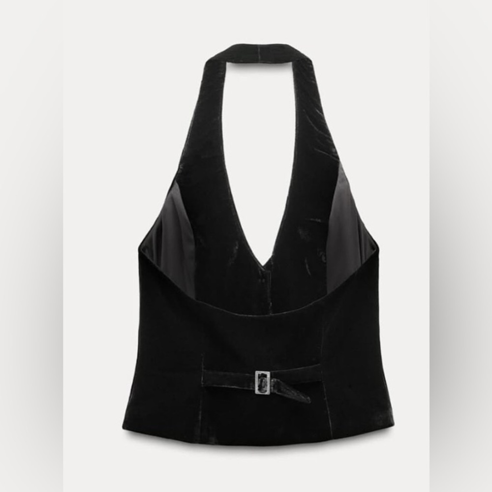 ZARA Black Velour Button Halter Neck Top/Vest size medium - Picture 4 of 8